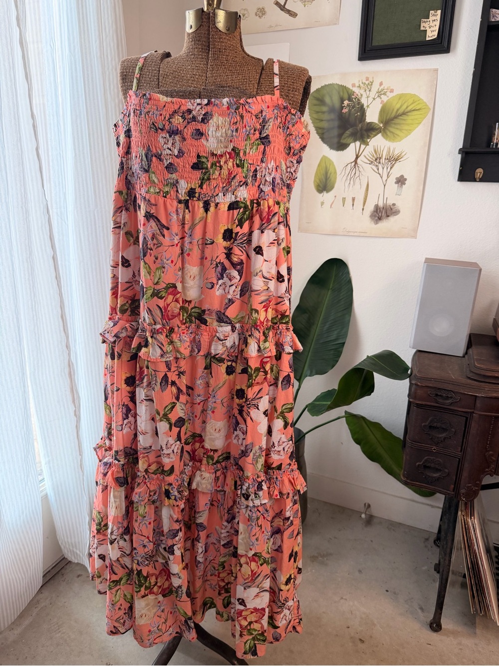 INC International Concepts Floral Midi Dress XXL Smocked Cotton Cottagecore Boho